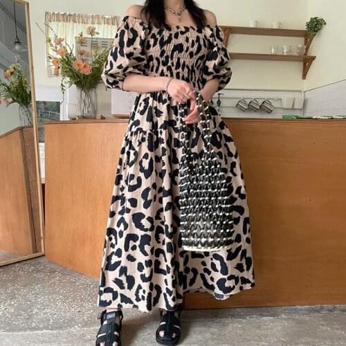 Sannian Women Dress Retro Leopard Print One-piece Collar Strapless Pleated Waist-skimming Puff Sleeves Large Hem Dresses Ladies