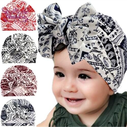 18*19 Vintage Print Baby Girl Turban Hat Fashion Handmade Bowknot Newborn Cap Bows Headwear Hair Accessories Clothing Decoration