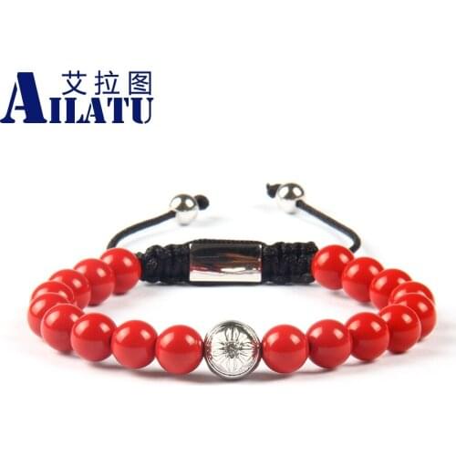 Ailatu Fire Red Powerful Bangle Jewelry 8mm Beasd with Gold Color Copper Beads Macrame Bracelet
