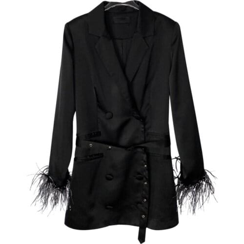 PERHAPS U Women Black Gray Sash Button Long Sleeve Notch Collar Blazer Satin Double-breasted Solid C0318