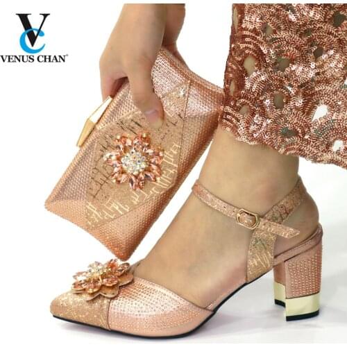 Champagne High Quality African Ladies Shoes and Bag to Match 2021 Spring Special Design High Heels Comfortable Sandals