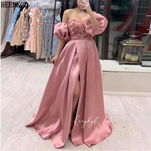 Dusty Rose Long Arabic Evening Party Dress Half Sleeves High Slit Beaded Appliques Sexy Prom Gowns Customize Robe De Soiree