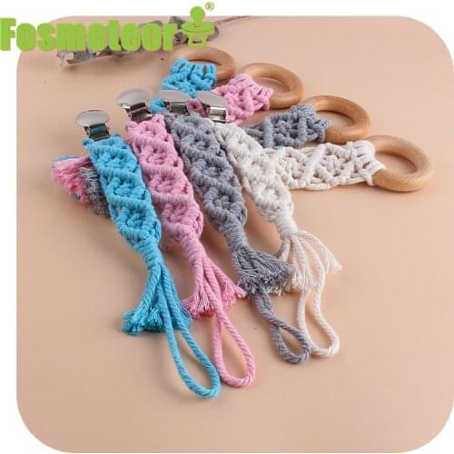 Fosmeteor 1set Baby Wooden Teether Pacifier Clip Chain Hand-woven Rope Crochet Beads Rodent Soother Clip Baby Shower Gift