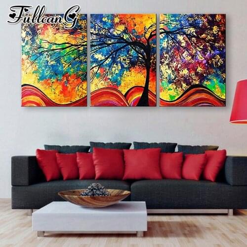 FULLCANG 5d diy diamond embroidery rich tree scenery diamond painting abstract triptych full square round drill decor FC2003