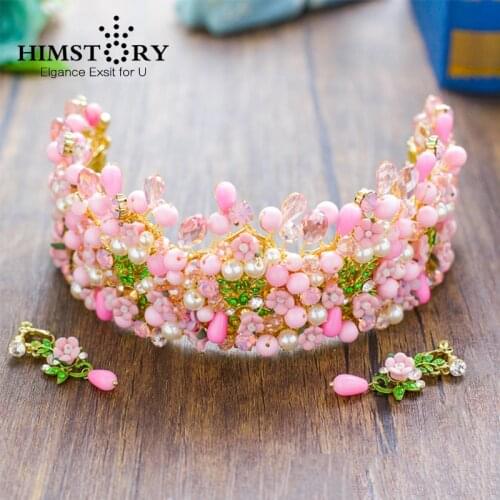 HIMSTORY Handmade Cute Pink Pearl Flower With Green Leaf Hair Crown Pink Headpiece Wedding Bridal Prom Party Hair Accessory