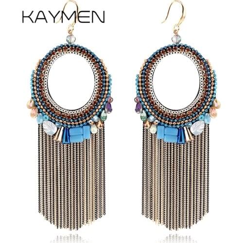 KAYMEN New Arrival Wholesale Fashion Earrings Jewelry Crystal and Chains Tassles Earrings Statement Drop Golden Earrings