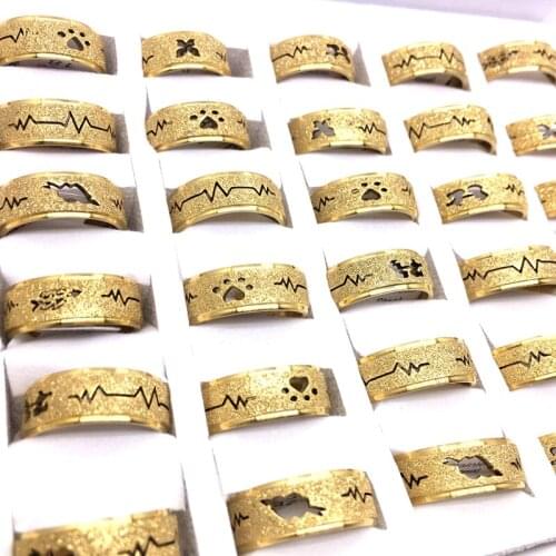 MixMax 36pcs/Lot Mens Womens Rings Stainless Steel Heartbeat Cutting ECG Pattern Party Jewelry Bands Wholesale Mix Styles