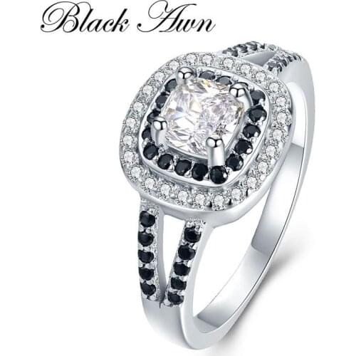 [BLACK AWN] 3.2g 925 Sterling Silver Jewelry Black&White Stone Engagement Ring Bague Wedding Rings for Women C428
