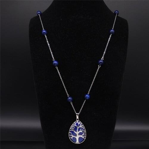 Tree of Life Natural Stone Stainless Steel Long Beads Necklaces Women Blue Color Necklaces & Pendants Jewelry colgantes NF1S04