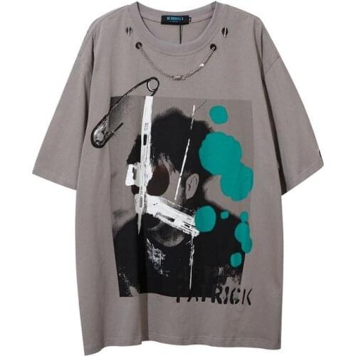 Summer Punk Rock Chain T Shirt Men Streetwaer Loose Short Sleeve Tee Dark Fashion Graffiti T-shirt