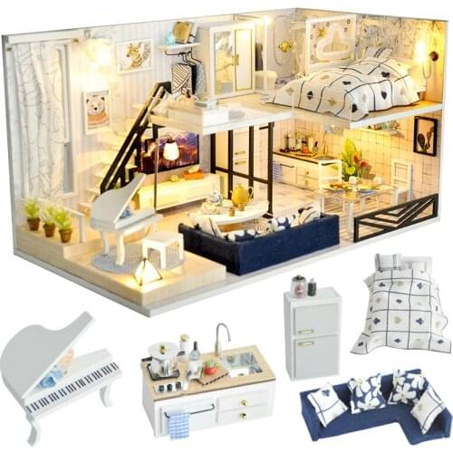 DIY House Miniature with Furniture LED Music Dust Cover Model Building Blocks Toys for Children Casa De Boneca TD32