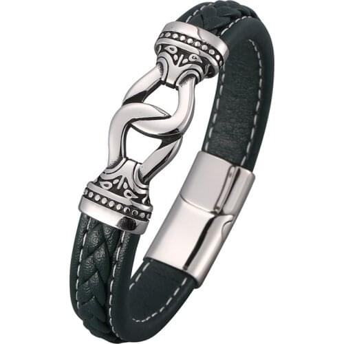 Green Leather Bracelets Men Hand Jewelry Vintage Totem Stainless Steel Magnetic Buckle Punk Rock Male Wristband Gift PD0815