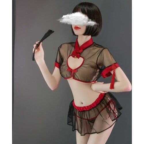 New Retro Cheongsam Pajamas Set Sexy Lingerie Mesh Knot Tops with Panty 3pcs Lolita Maid Cosplay Uniform Female Chinese Style