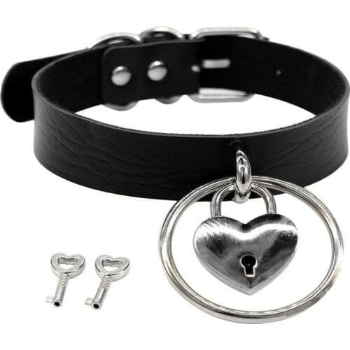 Gothic Heart Lock with Key Chain necklace Punk buckle choker collar goth pendant necklace women black PU leather jewelry