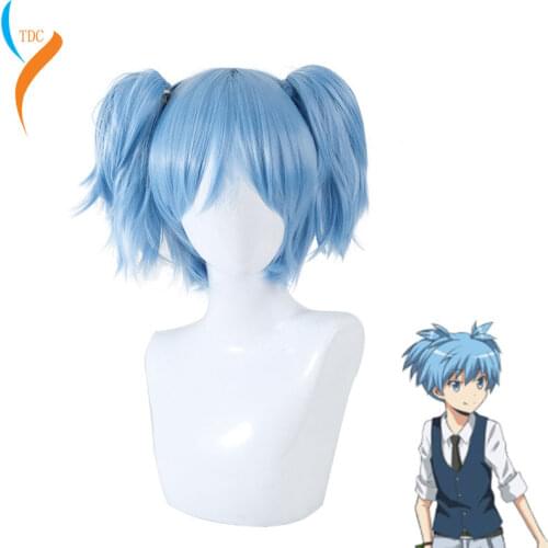 Anime Sally Face Sallyface Sally Cosplay Wig Short Blue Heat Resistant Synthetic Hair Clip Ponytails Wigs + Wig Cap