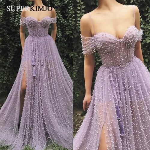 SuperKimJo Lavender Peals Prom Dresses 2020 Off the Shoulder Beaded Elegant Purple A Line Prom Gown Vestido De Longo