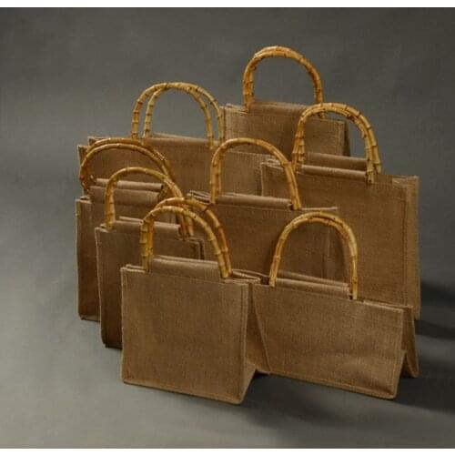Portable Burlap Jute Shopping Bag Handbag Bamboo Loop Handles Reusable Tote