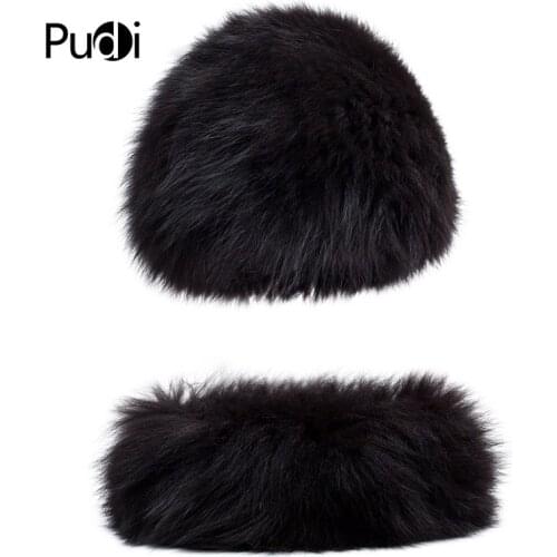 Pudi HF7032 New Woment Real Fox Fur Hat Scarf Set Winter Female Natural Fox Fur Hats Rings Black Brown Color