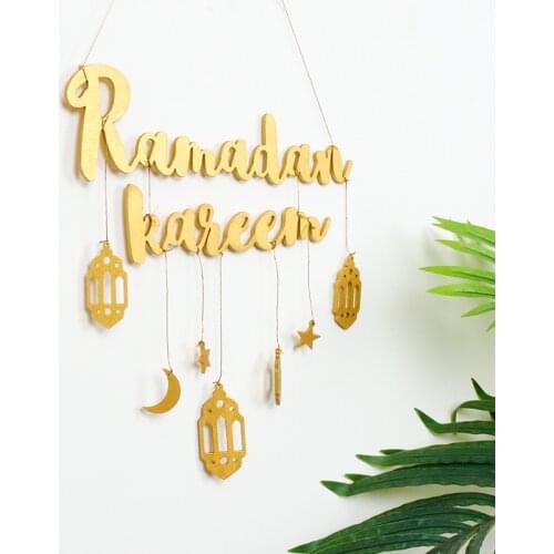 Ramadan Kareem Moon Star Lantern Wooden Pendant Eid Mubarak Wood Craft For Home Door Hanging DIY Islamic Muslim Party Decor