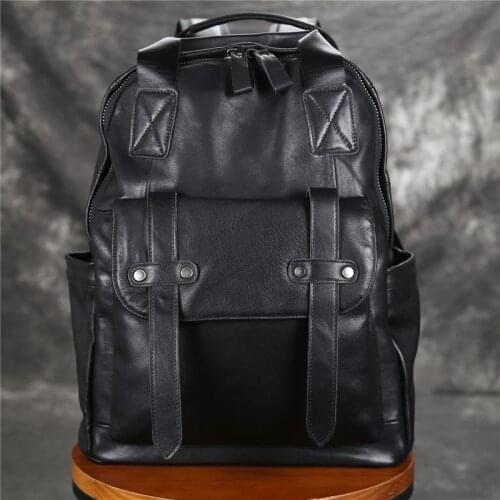 Nesitu New Black Genuine Leather 14'' 15.6'' Laptop Women Men Backpack Female Male Travel Bags Roomy M018