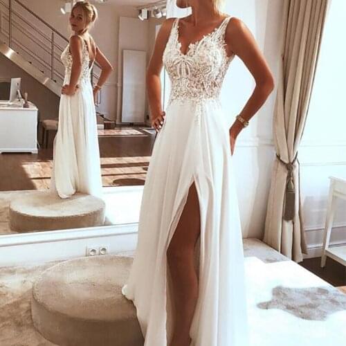 Side Opening Sexy Deep V Embroidery Applique Mopping Floor Bridal Dress Chiffon Wedding Dress Customizable Color
