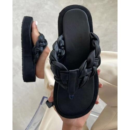 Summer Elegant Design Women Slippers Platform Flat Pu Leather Weave Strap Thick Sole Outdoor Beach Flip Flops Trend Ladies Shoes