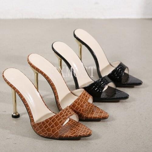 Summer Women Slippers Snake Sexy Pointed Toe High Heel Slippers Metal Decor Party Shoes Outdoor Fashion Large Size Female Shoe