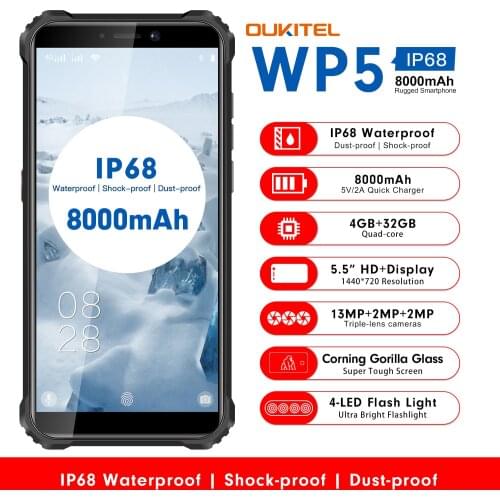 OUKITEL WP5 5.5" IP68 Waterproof Rugged MobilePhone MT6761 Quad Core Smartphone 4GB 32GB Cellphone 4-LED Flash Light 8000mAh GPS