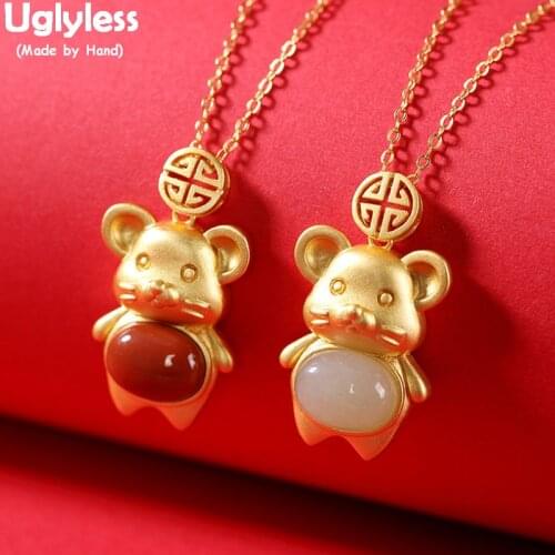 Uglyless Lovely Mouses Rats Pendants Necklaces for Women 925 Silver Animals Necklaces Rat Years Gifts Jewelry Agate Jade Pendant