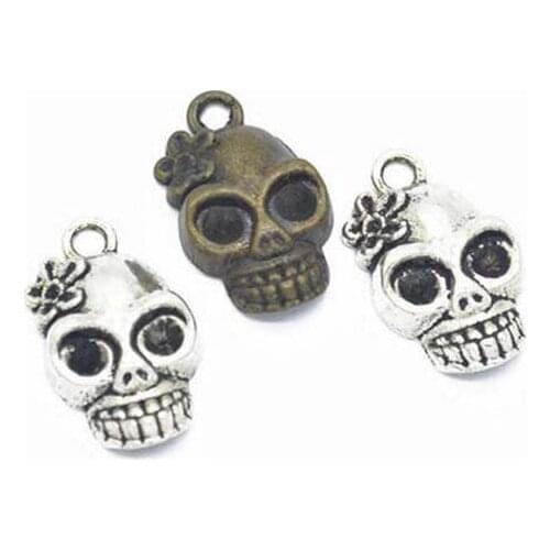 High Quality 25 Pieces/Lot 26x15mm Antique Silver/ Antique Bronze Plated Alloy Skull Charms Pendants