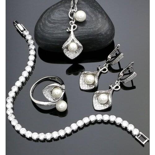 925 Sterling Silver Bridal Jewelry Sets White Pearl Beads Crystal For Women Earrings Pendant Necklace Bracelet Open Ring
