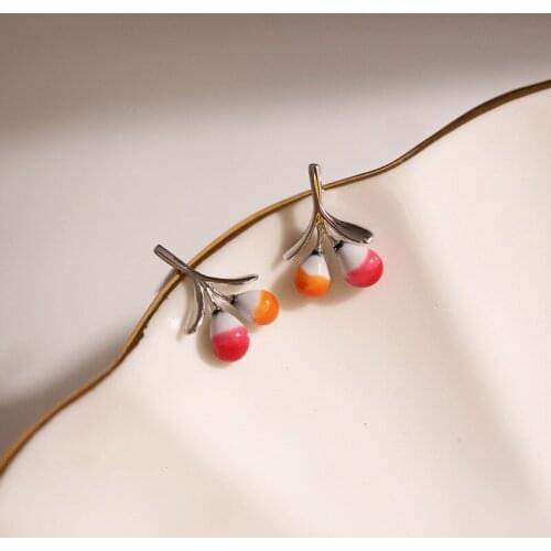 Minar Lovely Handmade Pink Orange Gradient Enamel Cherry Dangle Earrings for Women Metal Fruit Hanging Earrings Brincos 2021