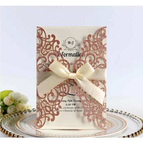 100PCS/LOT Bowknot Glitter Wedding Invitations Card European Style Laser Cut Include Cover Inner Envelope