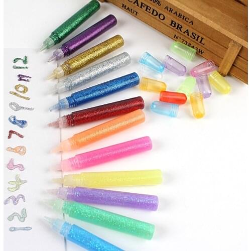 12pcs/Set Color Drawing Glitter Powder Adhesive Paper Crafts Phone Frame Case DIY Child Painting Art Super Liquid Glue Pen