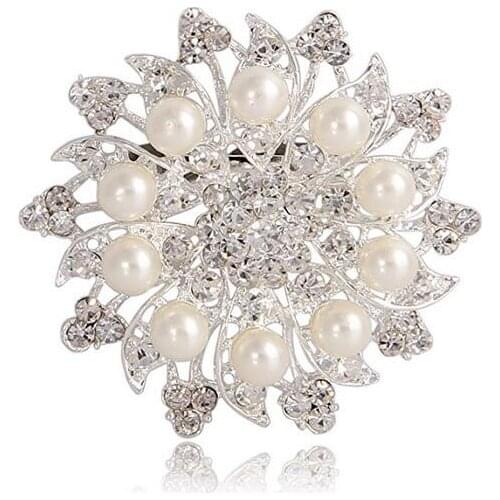 2 Inch Rhodium Silver Plated Clear Rhinestone Crystal and Simulated Cream Pearl Jewelry Brooch