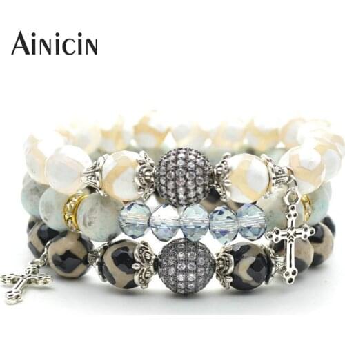 3pcs In 1 Set Fashion Women Cross Charms Birthday Gift Set Bracelets White Black Onyx Jewelry