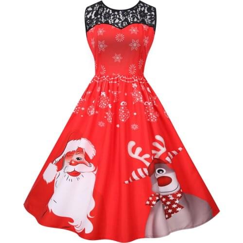 40# Deer Christmas Festival Dress Lace Patchwork Women Vintage Sleeveless Party Prom Dress Silm Waist Big Swing Party Dresses