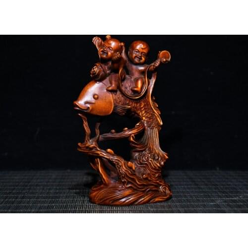 5"China Lucky Old Boxwood Hand-carved Golden boy and jade girl ride Carp statue Jin Yu Man Tang Office Ornaments Town House