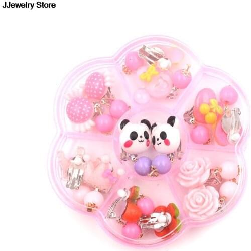7pair Children Baby Girl Jewelry Kids Cute Animal Pink Beads Ear Clip On Pierced Party Gift Cartoon Earrings Flower Crown Ear