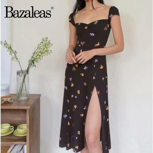 Bazaleas Fashion Floral Print Split Women midi Dress Center Ruched Dresses Vintage Black party dress Chic Tank vestidos