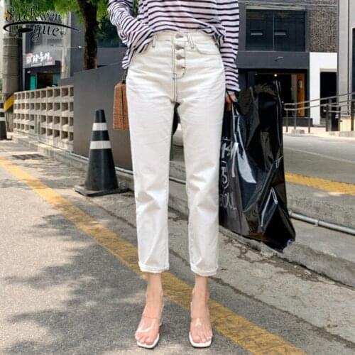 White Straight Casual Pants Capri Jeans Woman Korean Style Autumn New Womens Classic All-match Elastic Jeans for Women 10417
