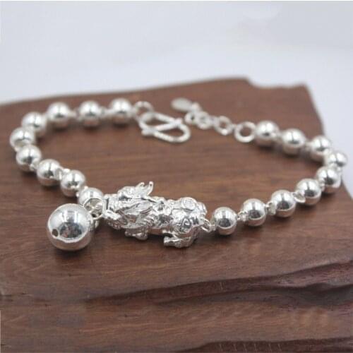 Real 925 Sterling Silver Bracelet 10mm Pixiu Charm with Bead Link Bracelet 17cm for Unisex