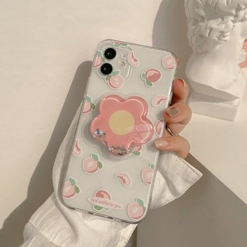 Flowers Holder + Peach Printed Case for Iphone 7 8 Puls X XR XS 11 12 Pro Max TPU Clear Phone Shockproof Protection Cover