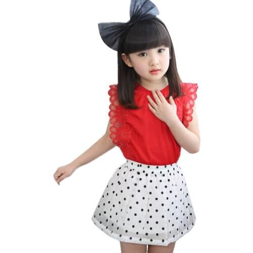 Childrens Wear Girls Suit New Summer Girls Yellow Red Color Short Sleeve T Shirt+white Dot Skirt Two-piece Set 4 - 12 Ages