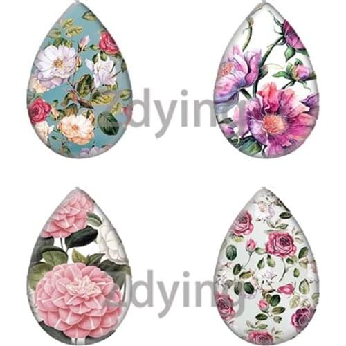 Zdying Classical Ethnic Flowers Art Pattern Teardrop Water Drop Glass Cabochon Beads DIY Demo Flat Back Making Jewelry Findings