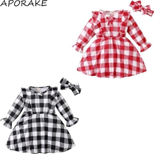 2021 0-5Y Toddler Girls Dress Spring Autumn Casual Plaid Print Ruffle Long Sleeve Tunic A-line Dress+Headband 2pcs
