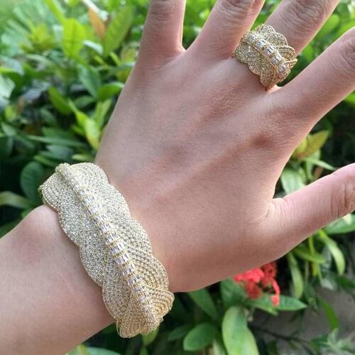 ModemAngel Cubic Zircon Crystal CZ Luxury Leaf shape Bangle Ring Sets Fashion Dubai Bridal Jewelry Sets For Women Wedding