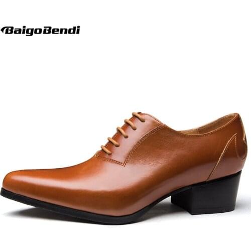 British Style Men Lace Up Dress Shoes Lace Up Pointed Toe Thick Heel Shoes Man Trendy Wedding Heels 5 cm US 37-44