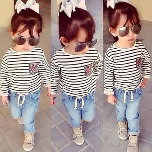 2020 New child suit baby girls autumn clothing set long sleeve stripe t-shirt + Jeans 2 pcs baby girl clothes retail