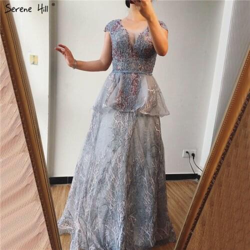 Serene Hill Grey V-Neck Sleeveless Evening Dress Design 2020 Luxury Sequins Crystal Formal Party Gown Long CLA70107